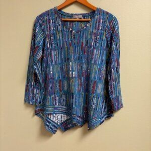 Habitat Clothes to Live In Womens Lagenlook Asymmetric Top Size XS Geometric Art